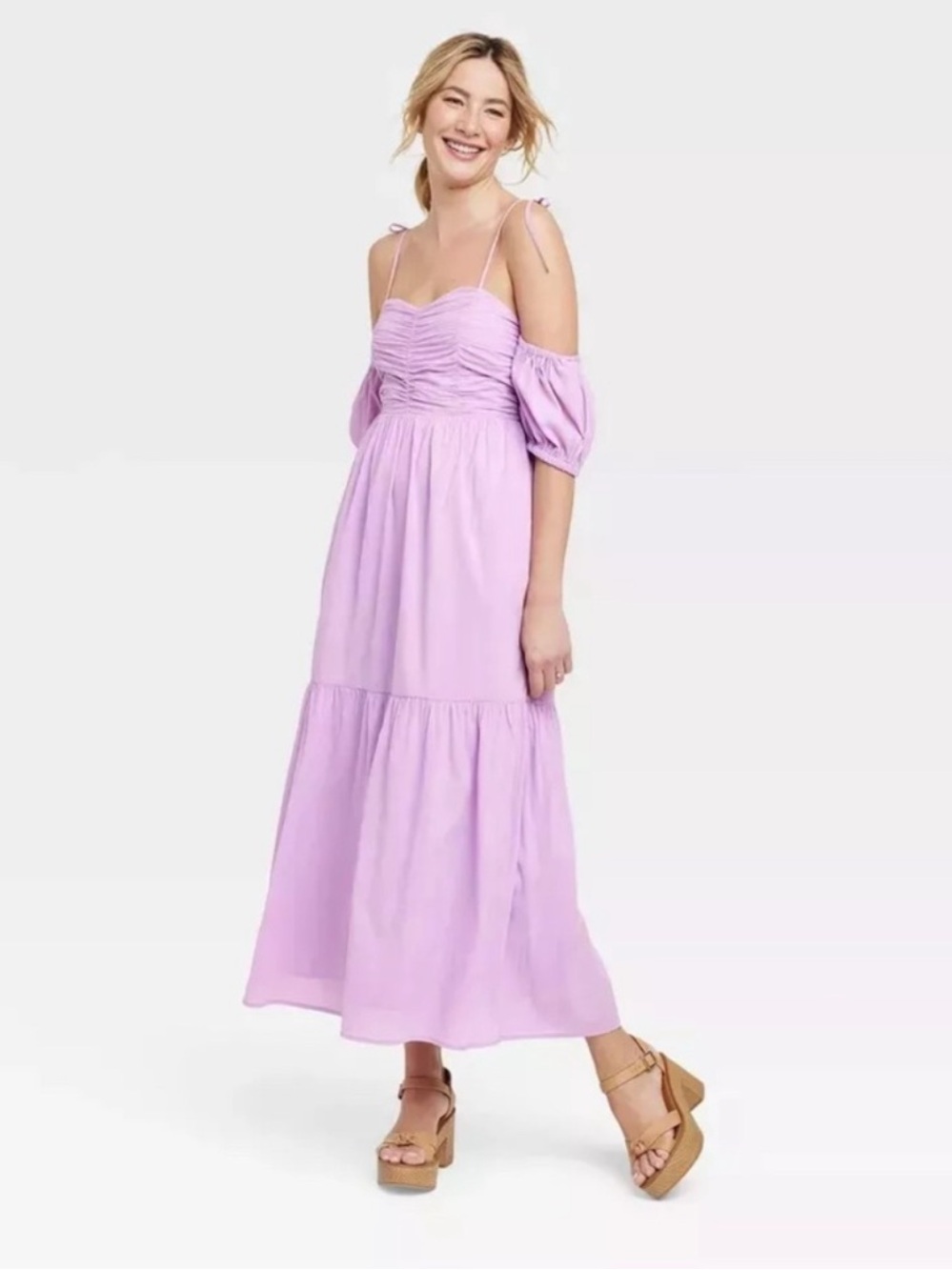 Universal Thread Whimsical lavender off-shoulder dress with tiered maxi skirt Si